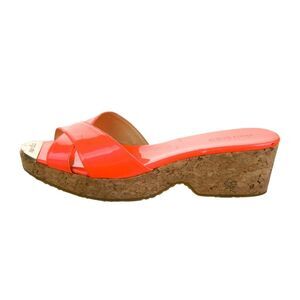 Jimmy Choo Prima Neon Orange Patent Leather Cork Wedge Sandals Size 40